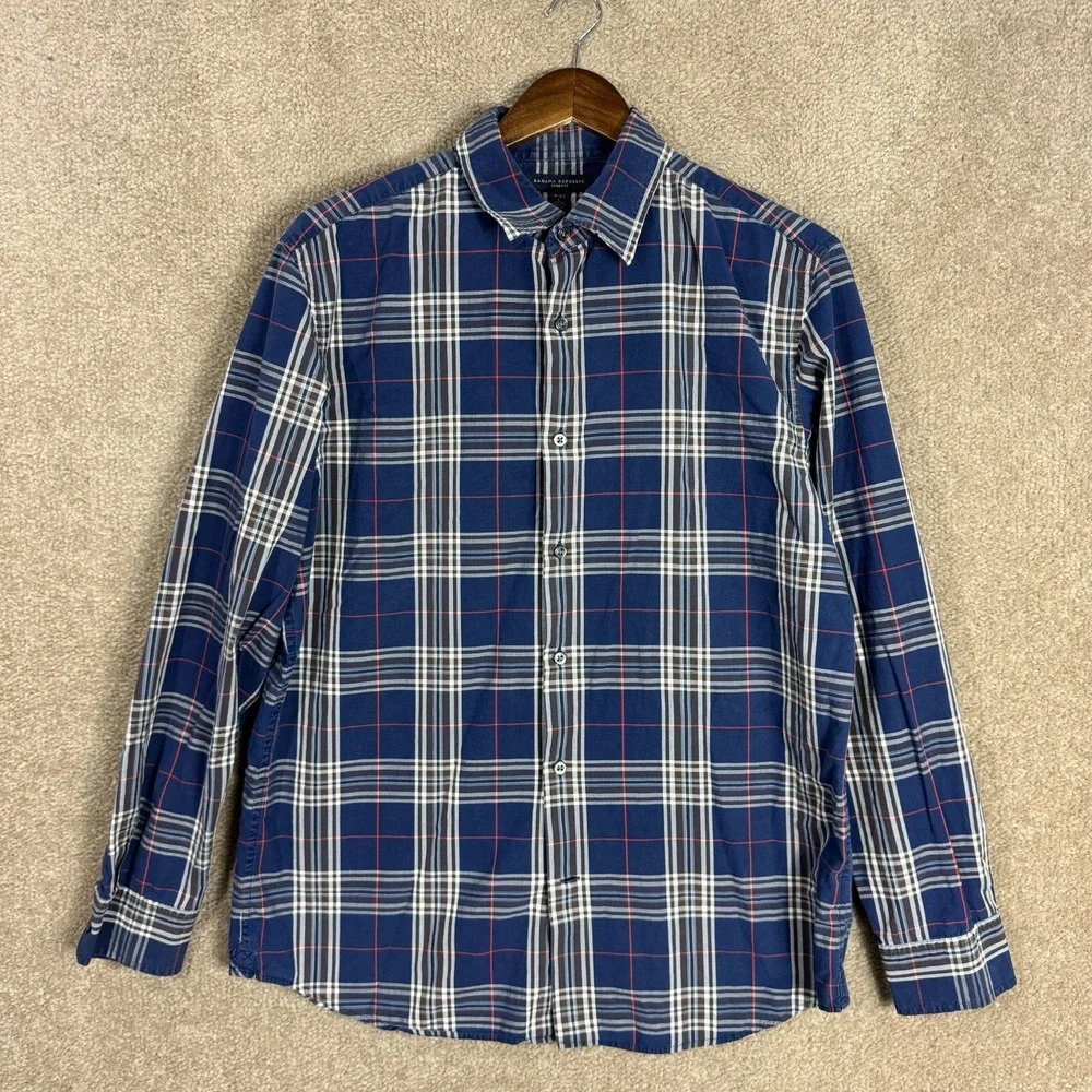 Banana Republic Shirt Men's Large 16-16.5 Navy Plaid Slim Fit Button Down Cotton
